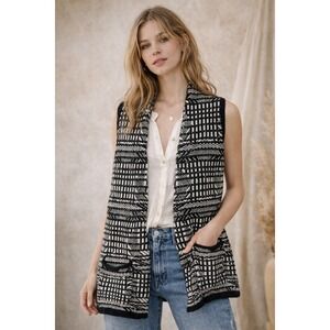 Anthropologie Angel of the North Black White Open Front Sweater Vest Wool  XS